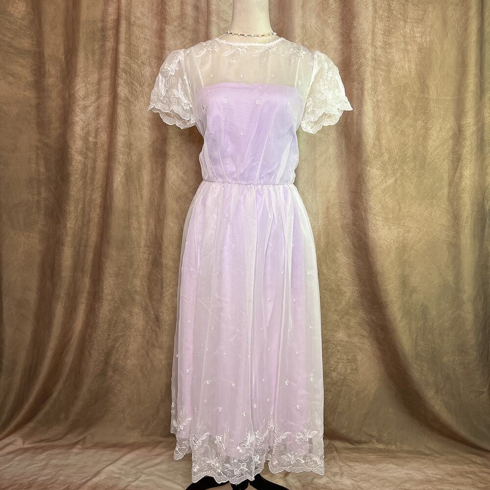 Vintage Coquette Dress 70s Sheer Mesh Floral Embroidered Lavender Tea Party